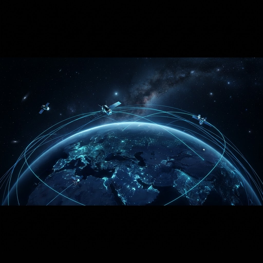 Earth at night viewed from space with glowing satellite orbital paths tracing across the globe
