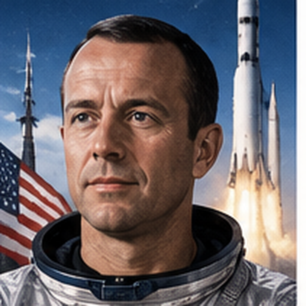 Educational historical representation of Alan Shepard with Mercury, Apollo 14, and Moon references.