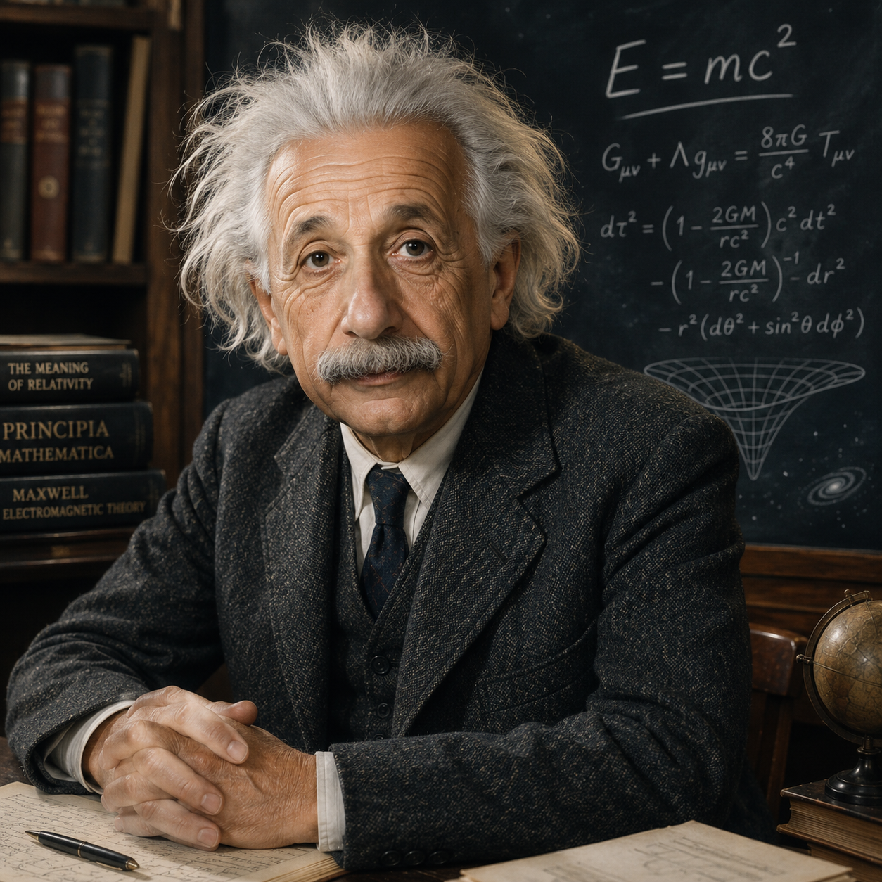 Educational historical representation of Albert Einstein with relativity, gravity, time, and satellite timing references.