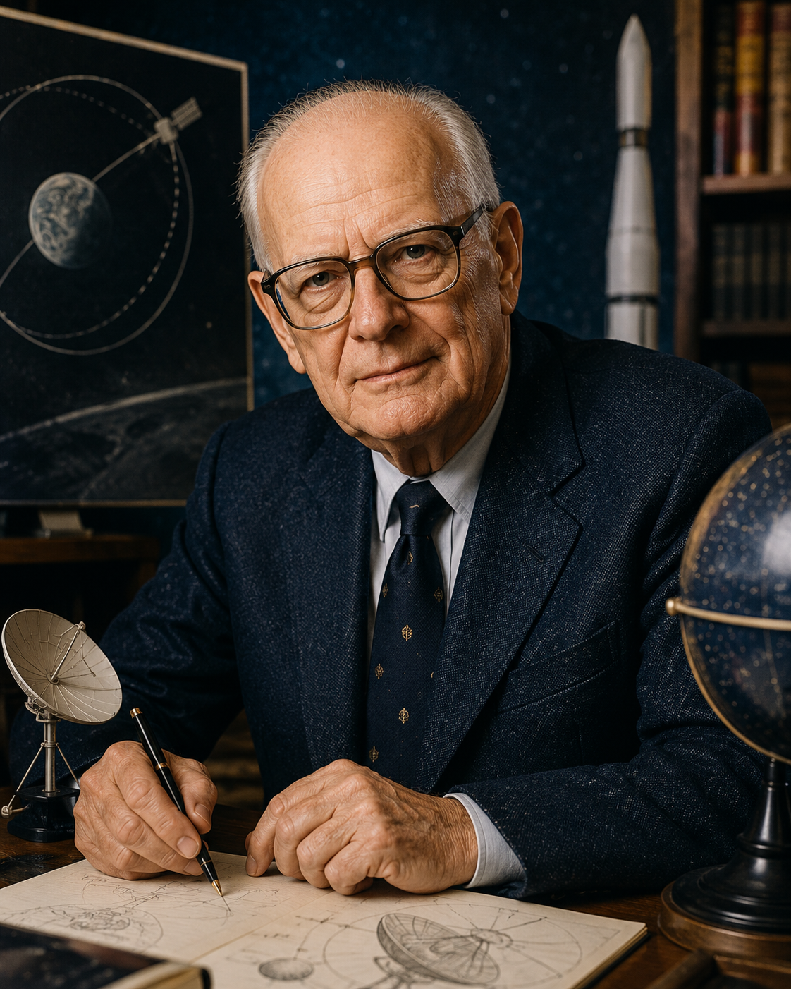 Educational historical representation of Arthur C. Clarke with communications satellite, geostationary orbit, and space technology references.