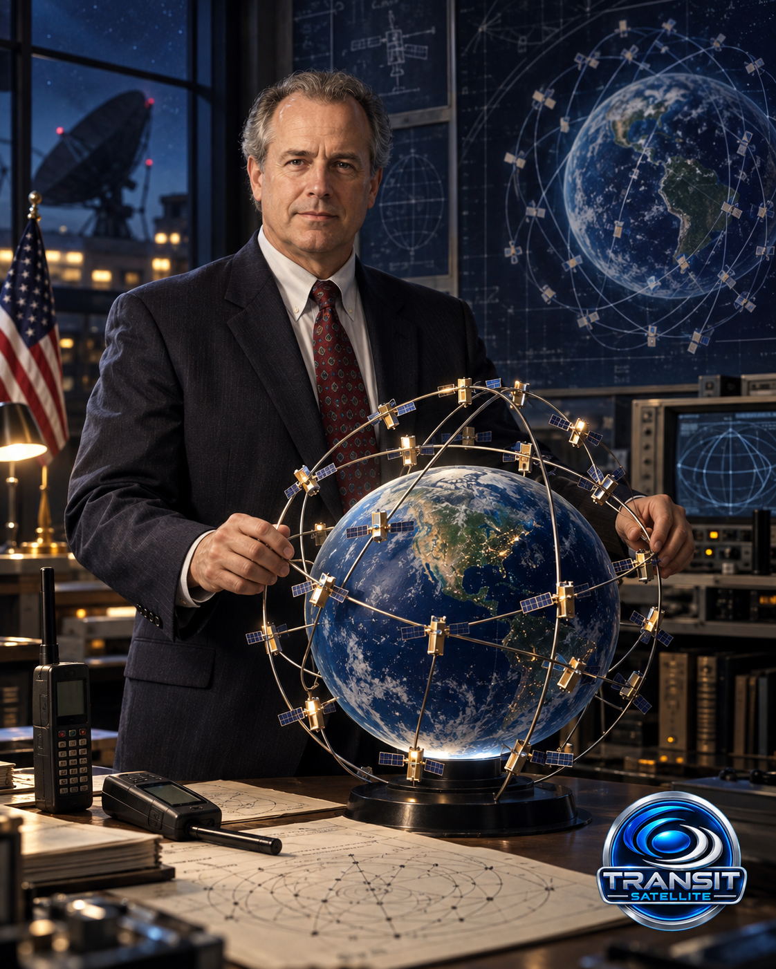Educational historical representation of Bary Bertiger with satellite communications and space technology references.