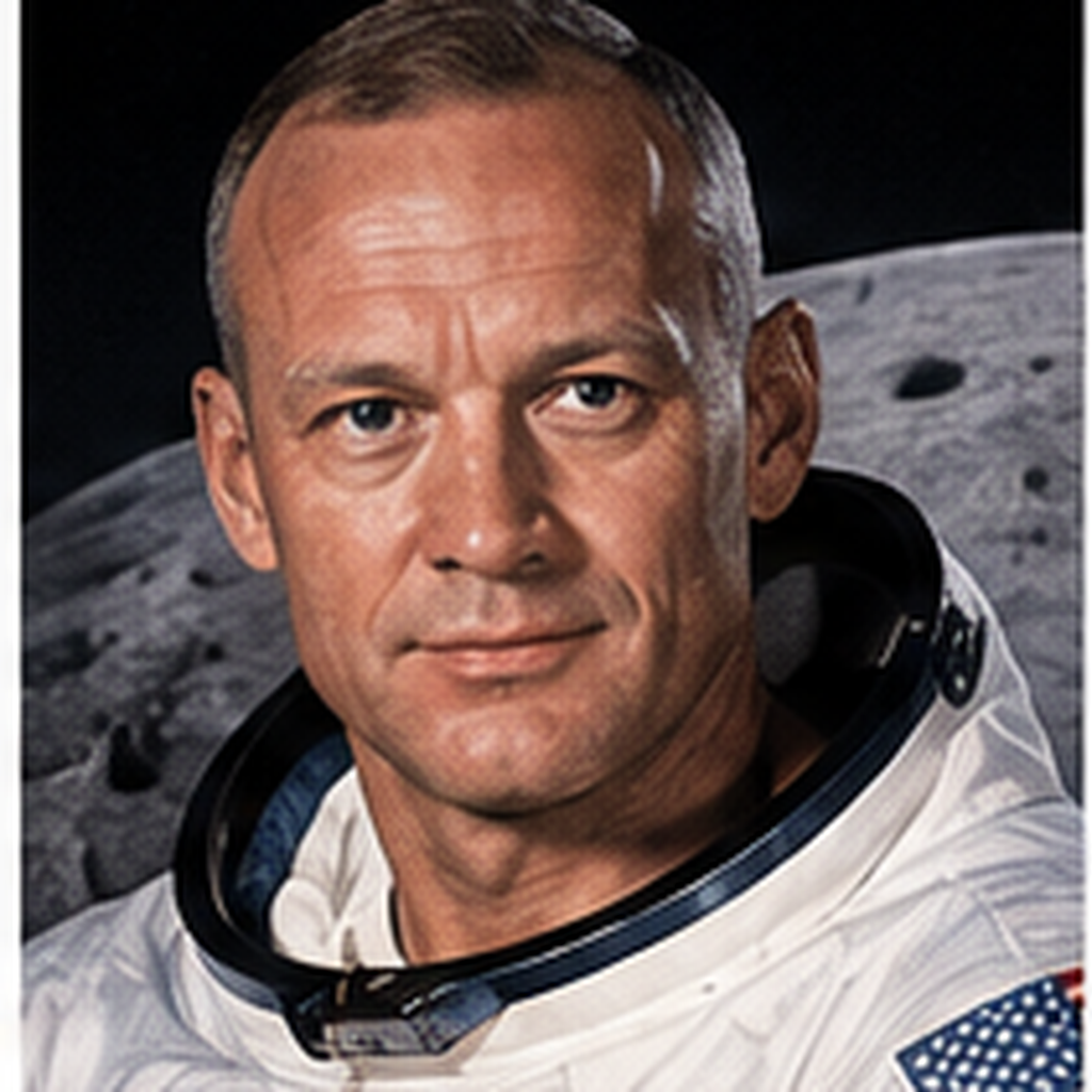 Educational historical representation of Buzz Aldrin with Apollo 11, lunar surface, and orbital rendezvous references.