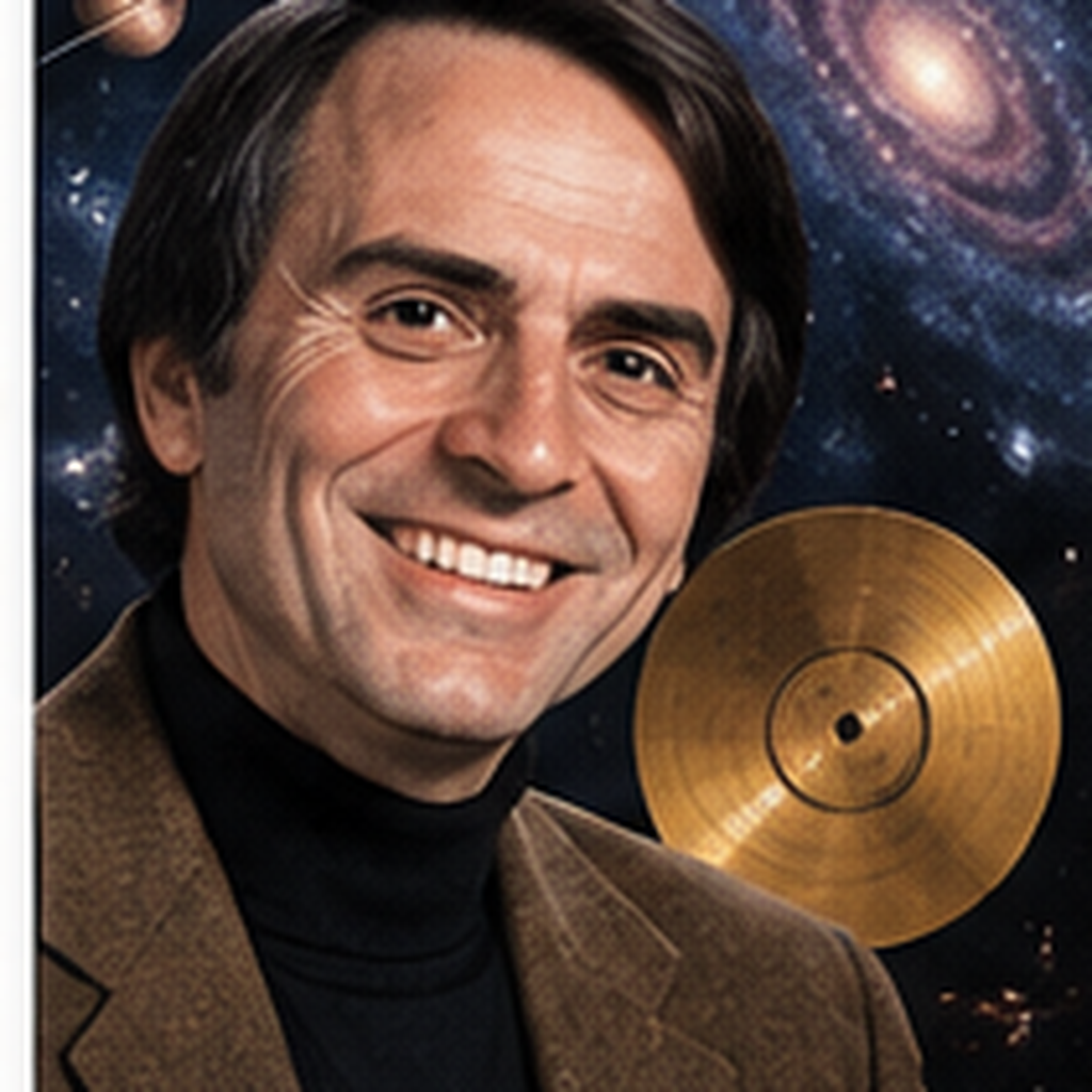 Educational historical representation of Carl Sagan with Voyager, planets, and astronomy references.