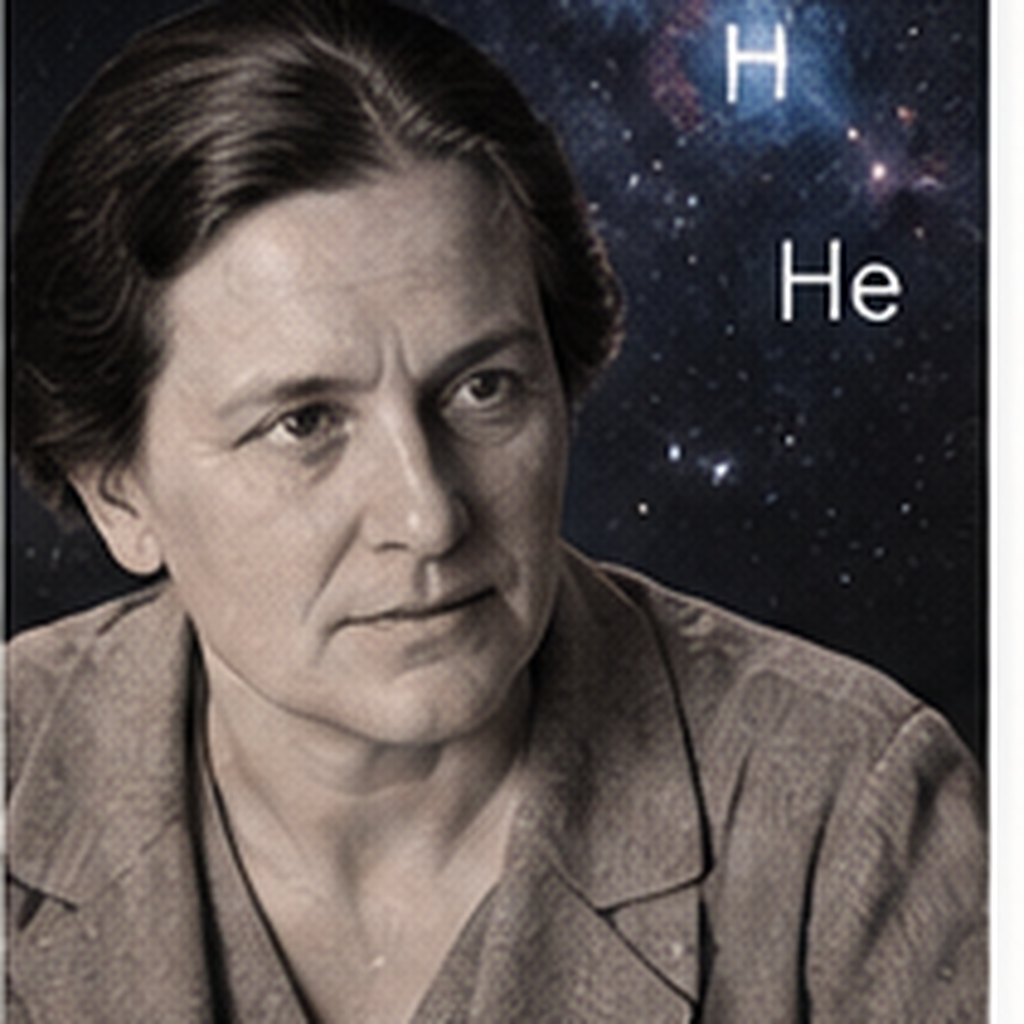 Educational historical representation of Cecilia Payne-Gaposchkin with stellar spectra and star composition references.