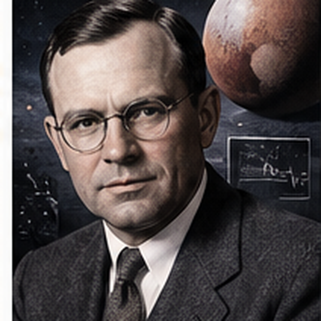 Educational historical representation of Clyde Tombaugh with Pluto, photographic plates, and New Horizons references.