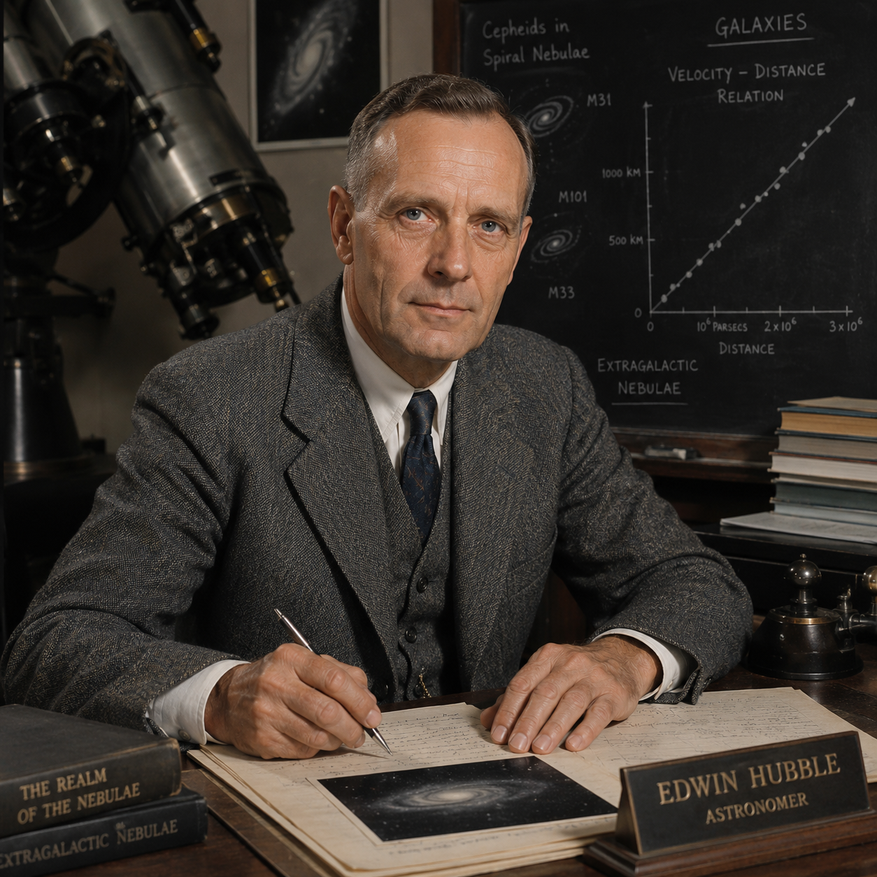 Educational historical representation of Edwin Hubble with telescope, galaxy, and astronomy research references.
