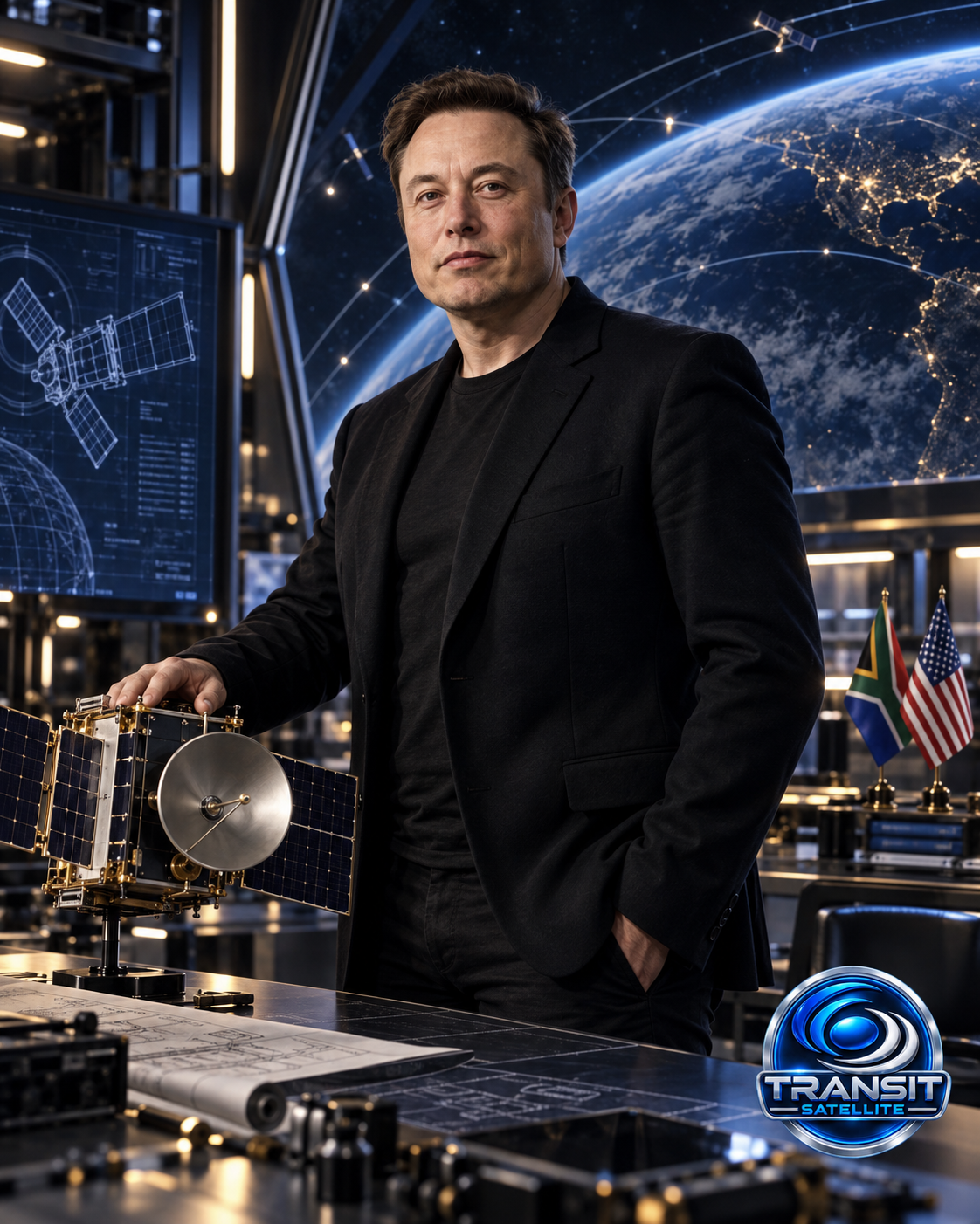 Educational historical representation of Elon Musk with satellite communications and space technology references.