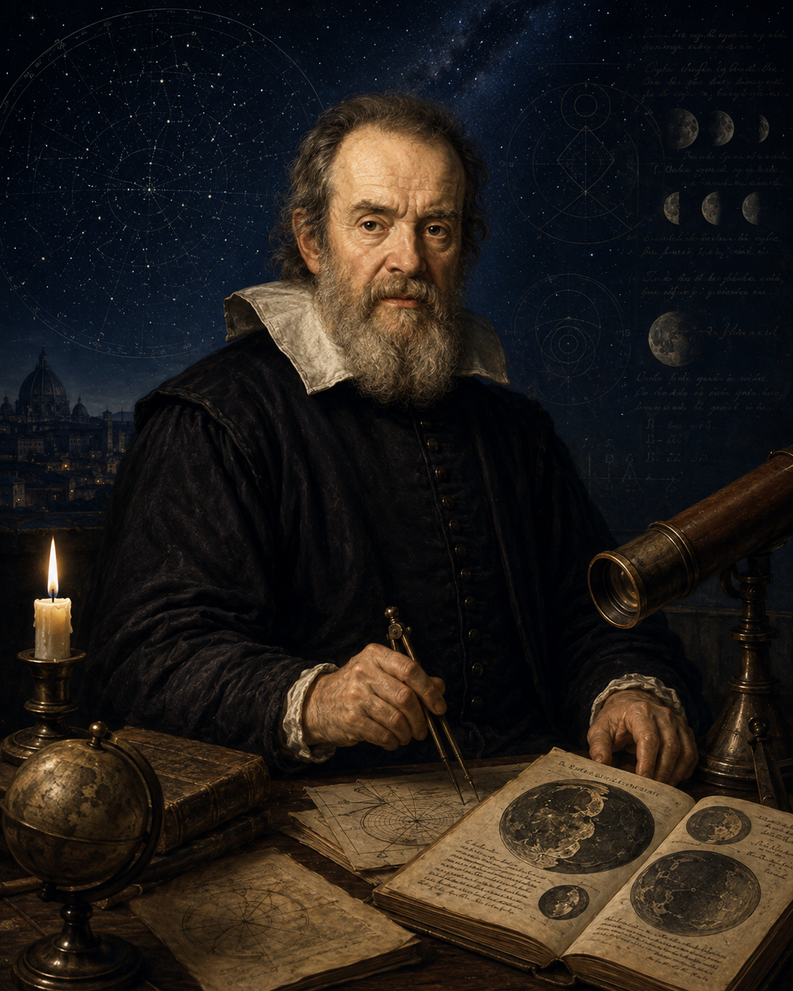 Educational historical representation of Galileo Galilei with telescope, moon, and astronomy observation references.