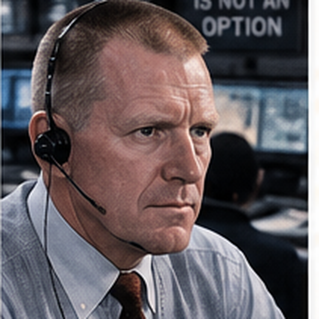 Educational historical representation of Gene Kranz in a NASA mission control setting with trajectory displays.