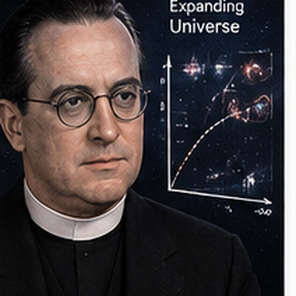 Educational historical representation of Georges Lemaître with galaxies, relativity, and cosmic expansion references.