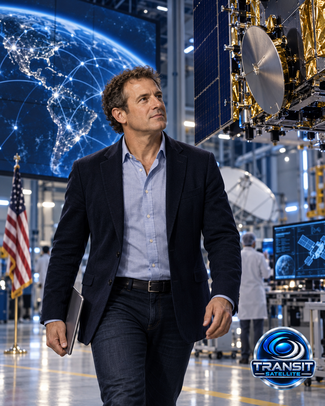 Educational historical representation of Greg Wyler with satellite communications and space technology references.