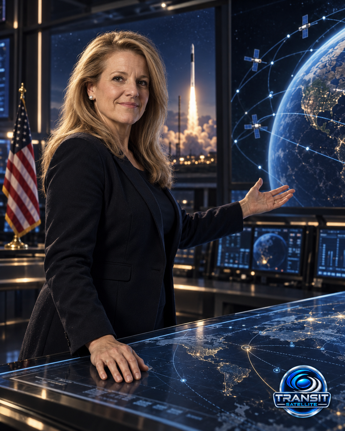 Educational historical representation of Gwynne Shotwell with satellite communications and space technology references.
