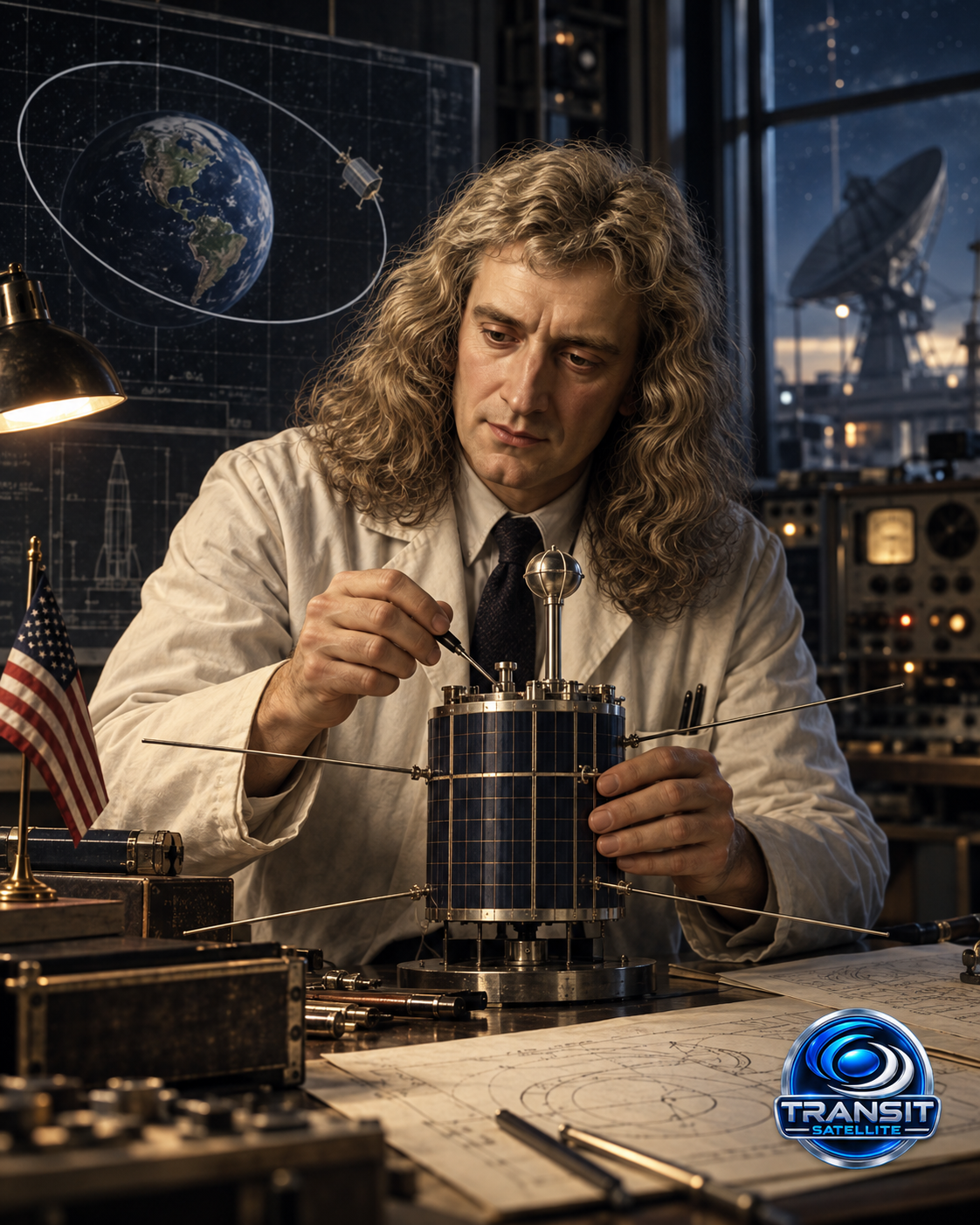 Educational historical representation of Harold Rosen with satellite communications and space technology references.