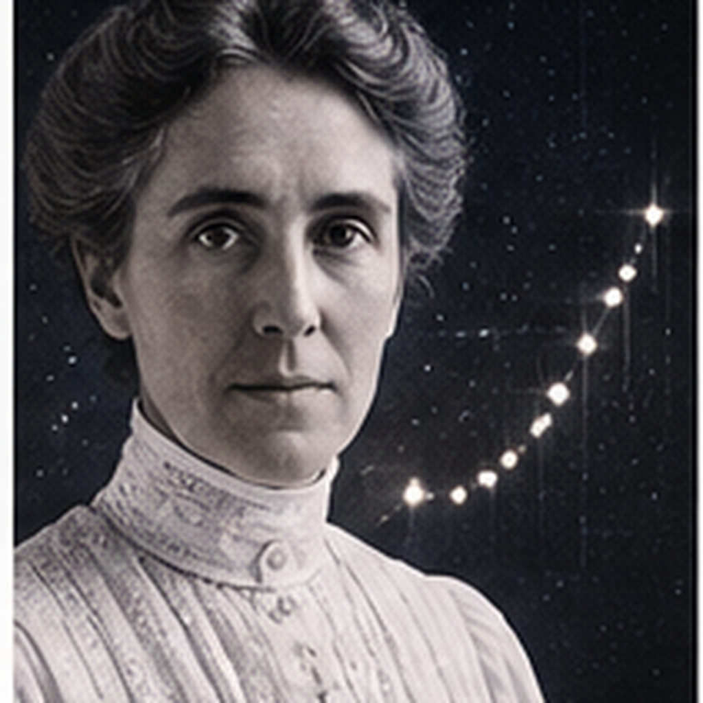 Educational historical representation of Henrietta Swan Leavitt with variable star observations and photographic plates.