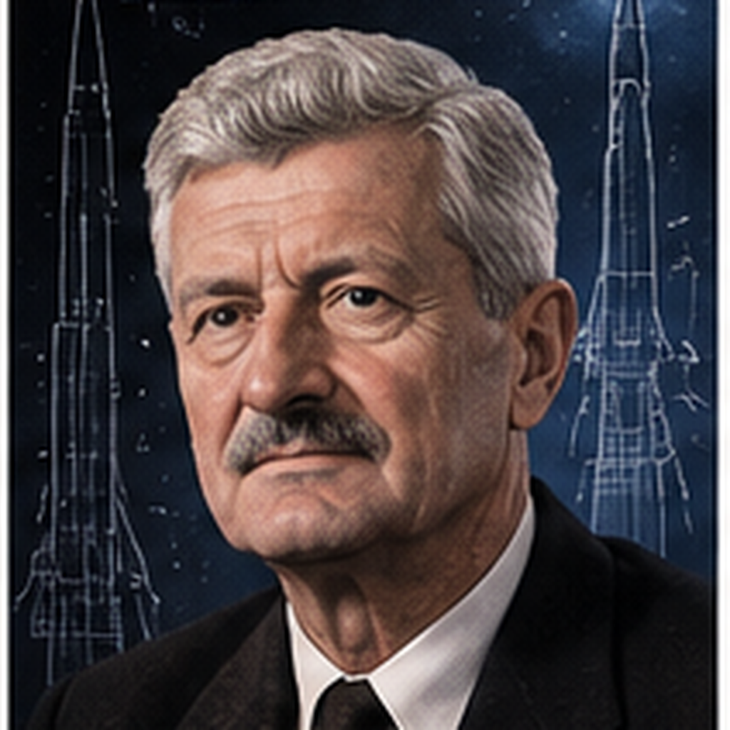 Educational historical representation of Hermann Oberth with rocket diagrams and early spaceflight engineering references.