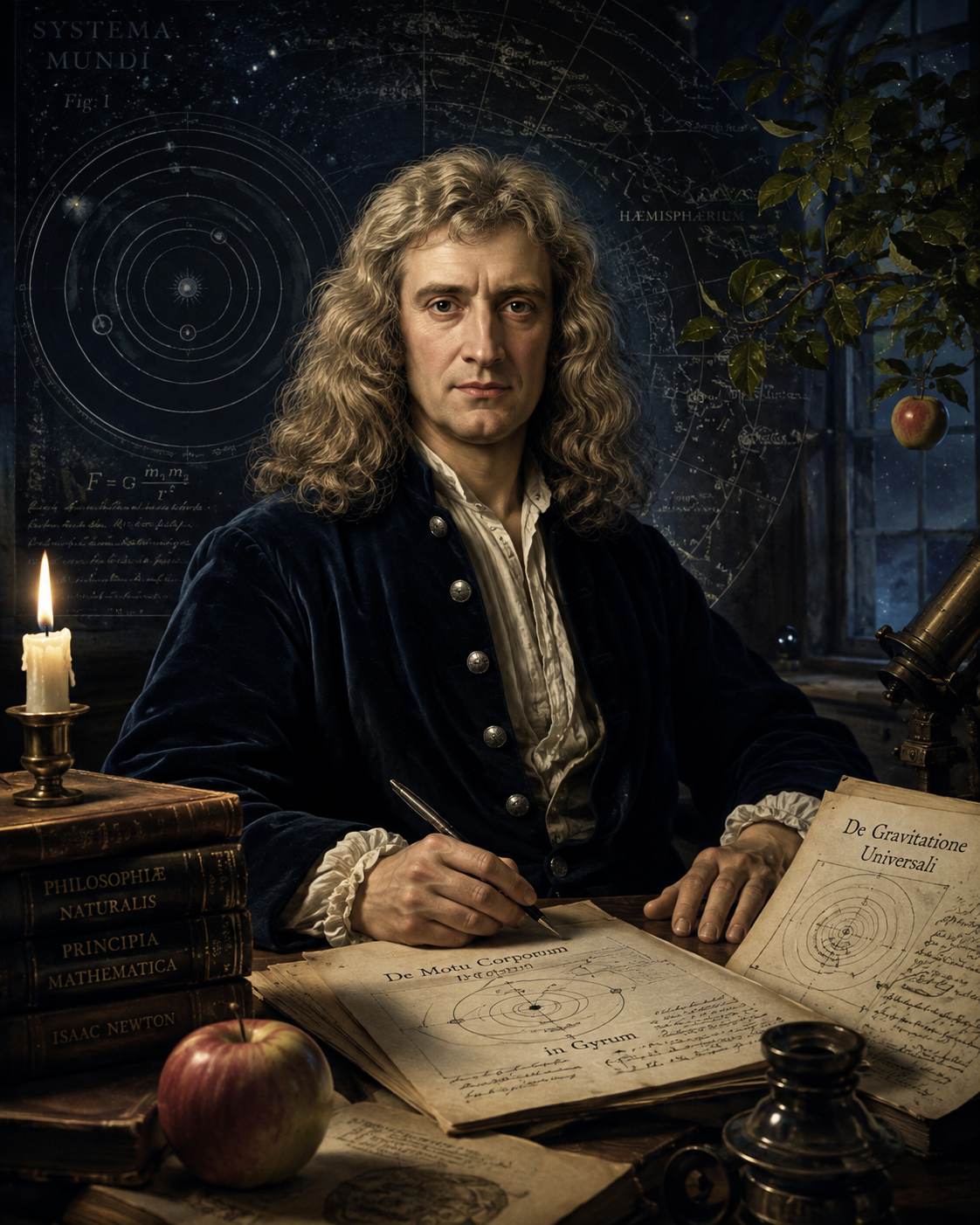 Educational historical representation of Isaac Newton with gravity, motion, apple, telescope, and orbital diagram references.