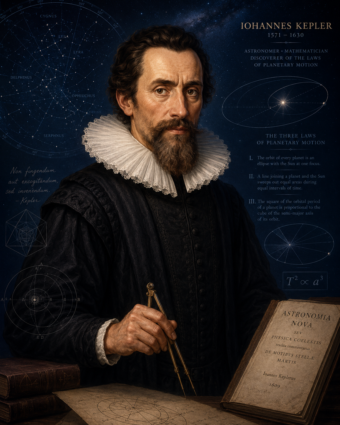 Educational historical representation of Johannes Kepler with orbital diagrams and a star map background.