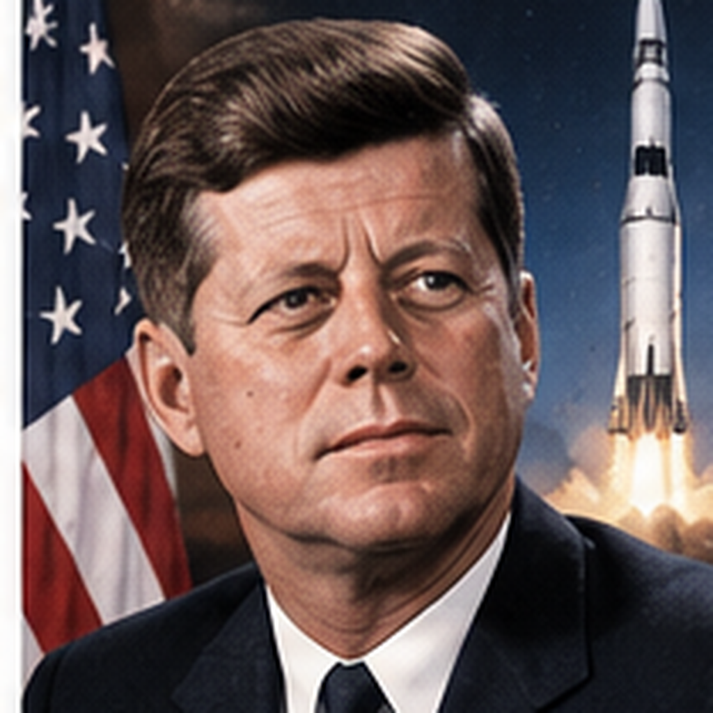 Educational historical representation of John F. Kennedy with the Moon, Saturn V, and American space program references.