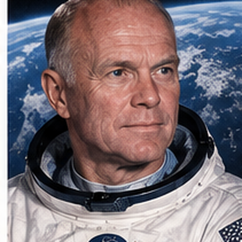 Educational historical representation of John Glenn with Friendship 7, Mercury, and Earth orbit references.