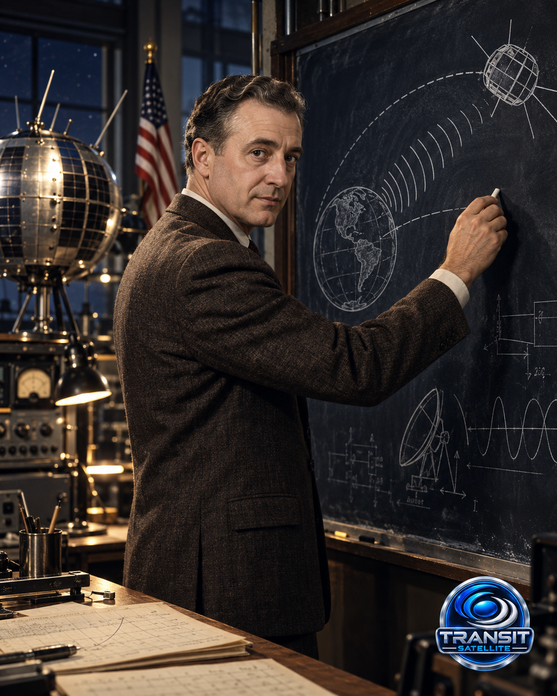 Educational historical representation of John R. Pierce with satellite communications and space technology references.