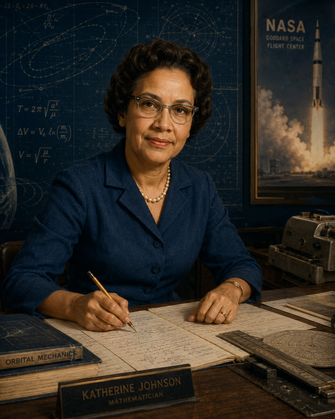 Educational historical representation of Katherine Johnson with NASA trajectory mathematics and orbital calculation references.
