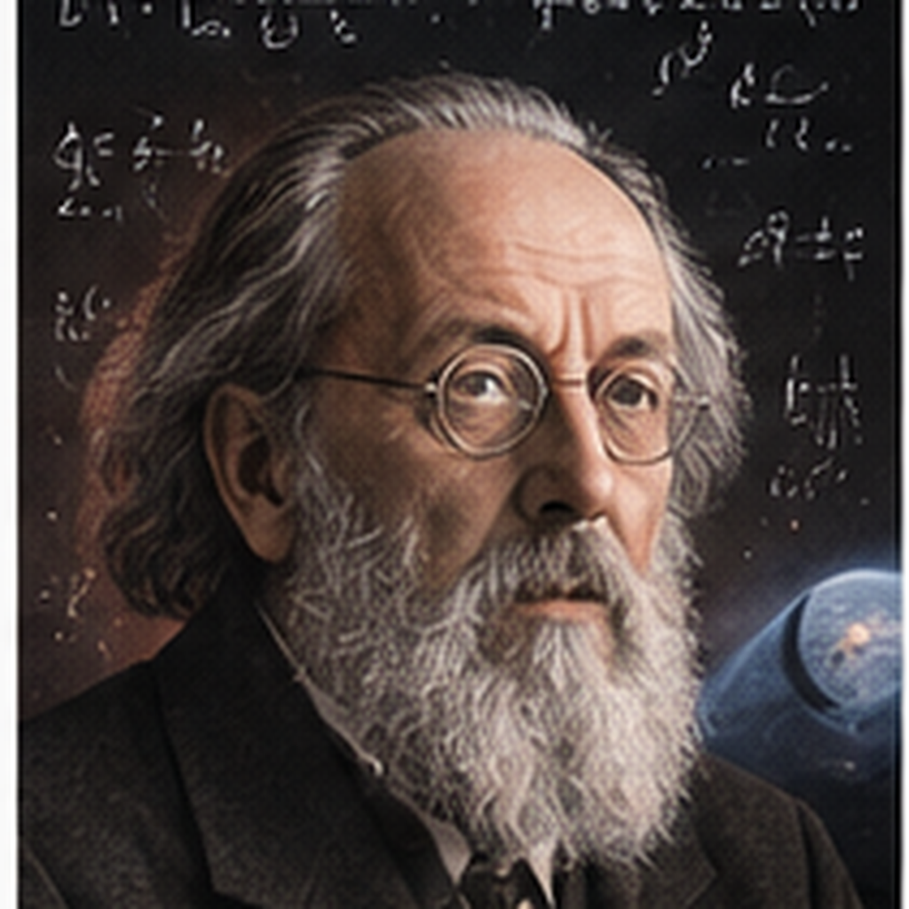 Educational historical representation of Konstantin Tsiolkovsky with rocket equations and early spaceflight concepts.