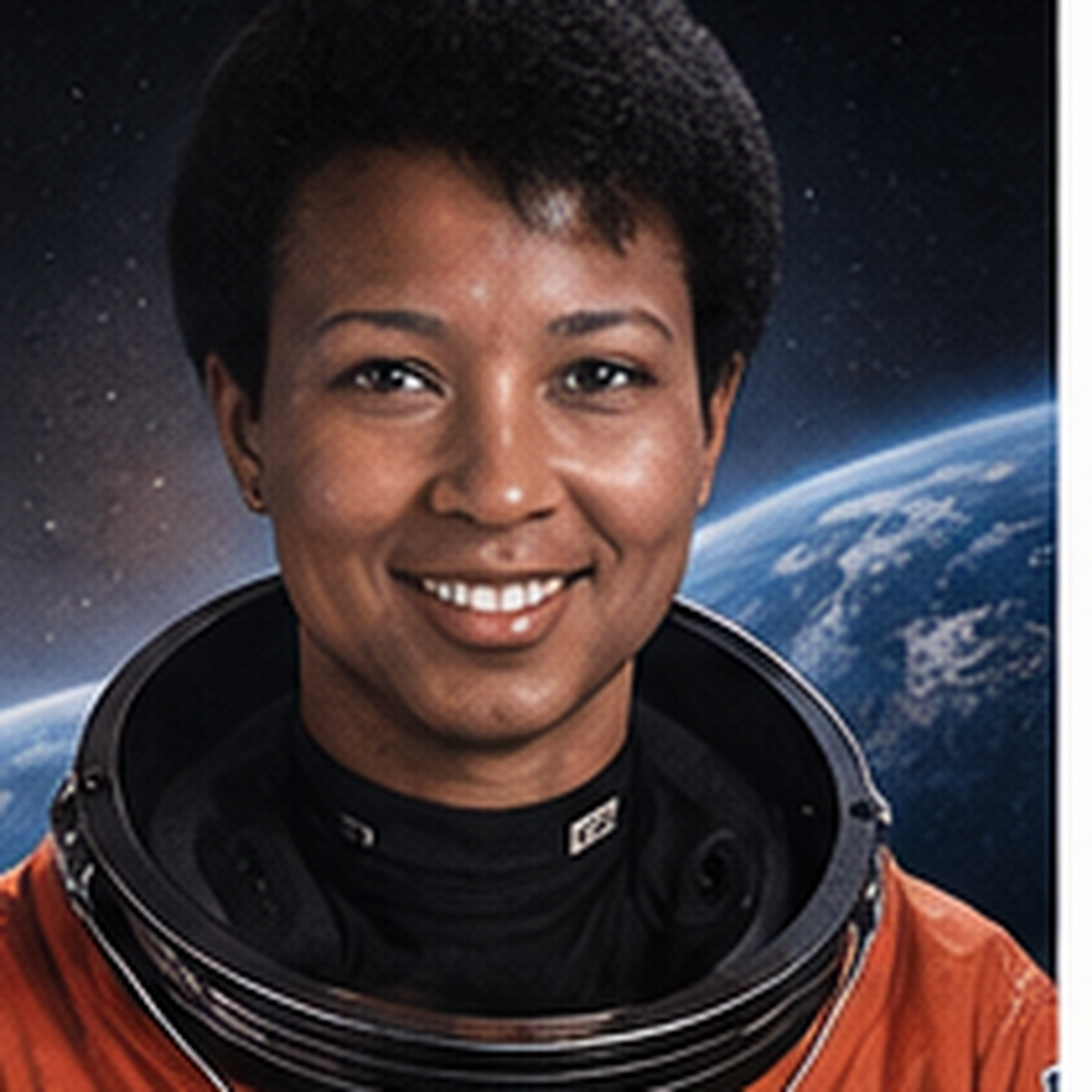 Educational historical representation of Mae Jemison with Space Shuttle, science, and Earth orbit references.