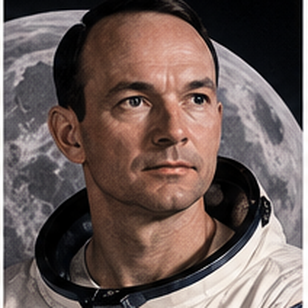 Educational historical representation of Michael Collins with Apollo 11 command module and lunar orbit references.