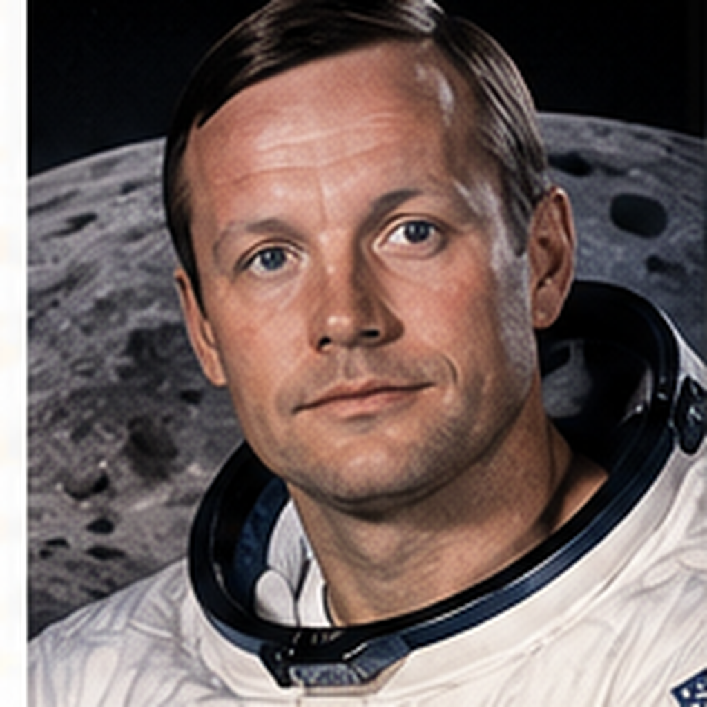 Educational historical representation of Neil Armstrong with Apollo 11, lunar module, and Moon references.