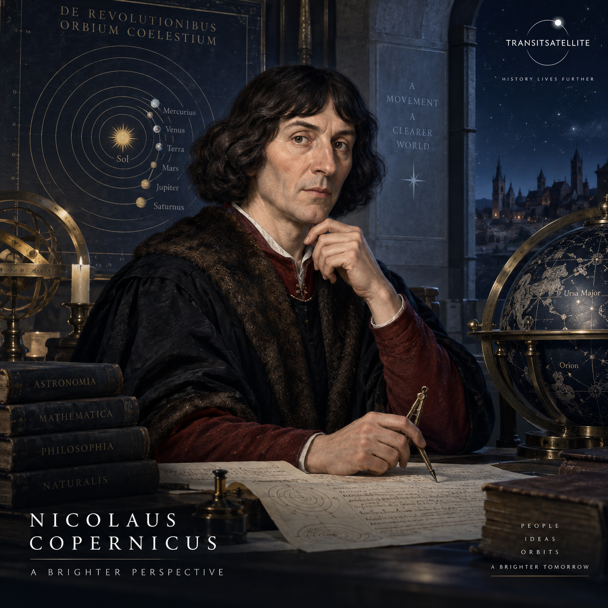 Educational historical representation of Nicolaus Copernicus with the Sun, planetary orbit diagrams, Earth, and astronomy references.