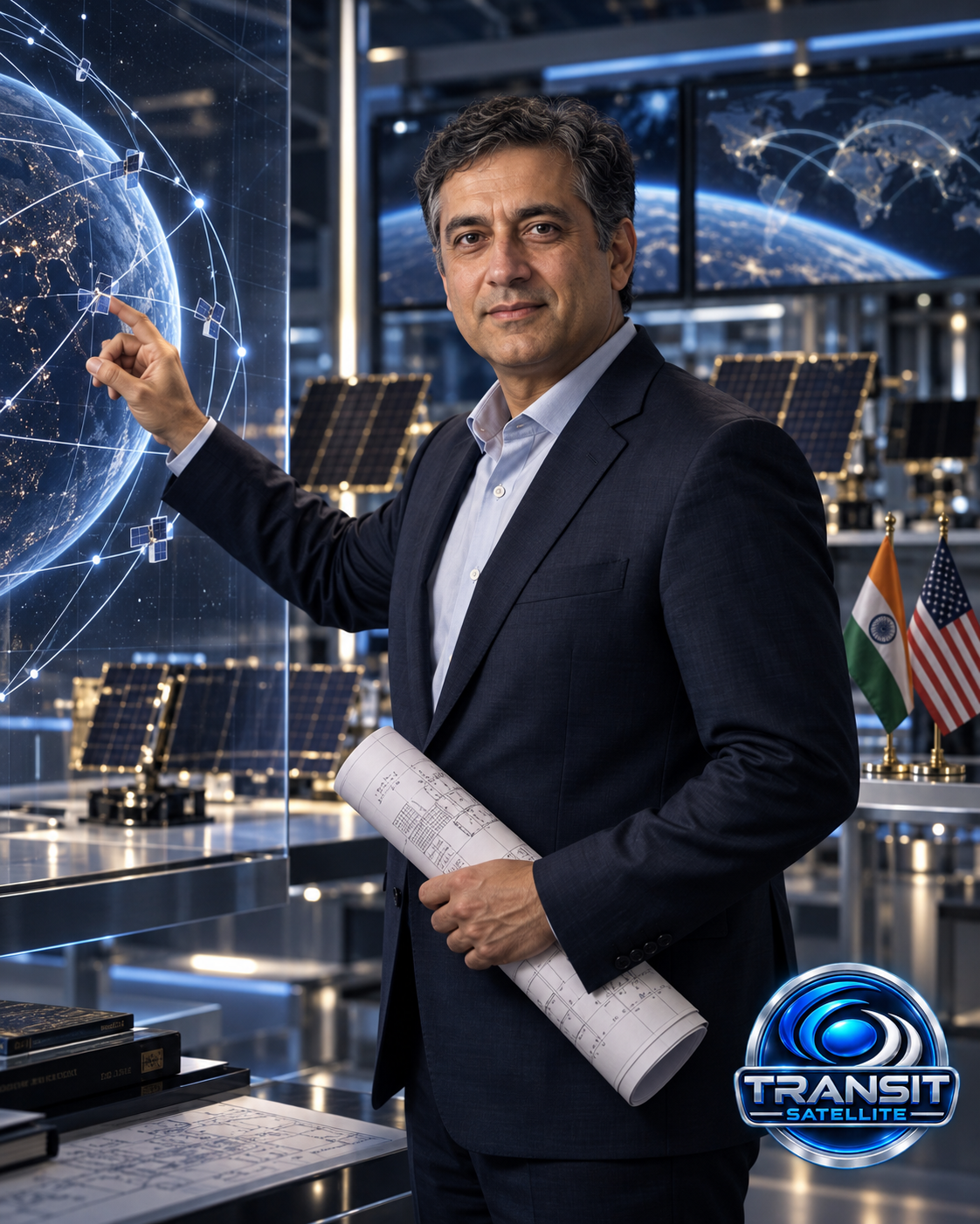 Educational historical representation of Rajeev Badyal with satellite communications and space technology references.
