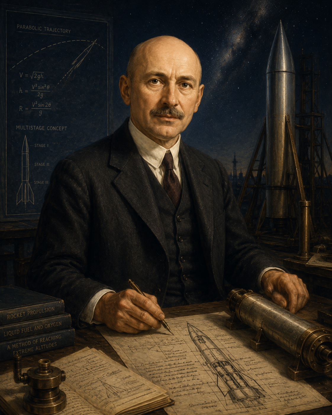 Educational historical representation of Robert Goddard with rocket engineering, launch, and propulsion references.