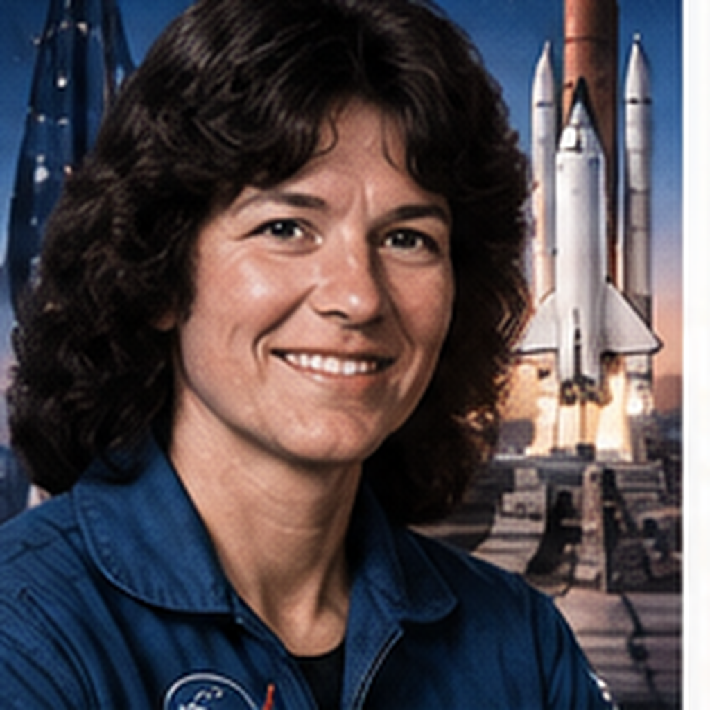 Educational historical representation of Sally Ride with the Space Shuttle and Earth orbit references.