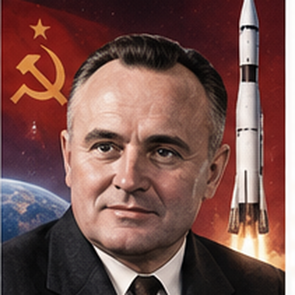 Educational historical representation of Sergei Korolev with Sputnik, Vostok, and rocket engineering references.