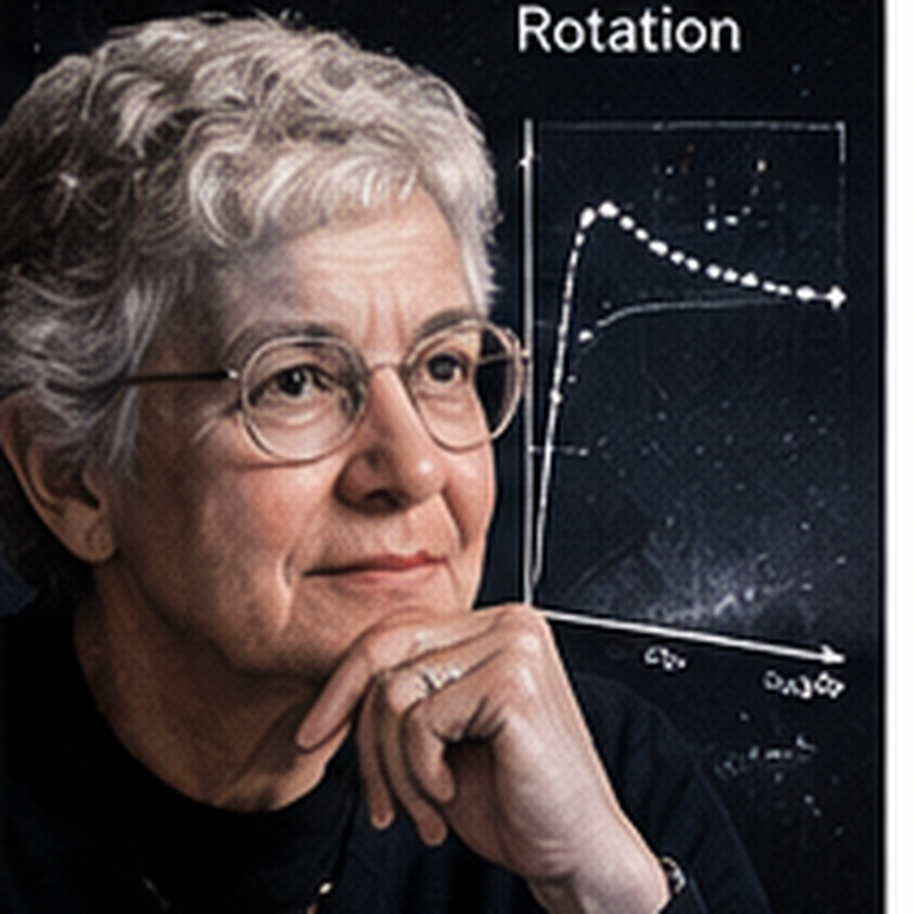Educational historical representation of Vera Rubin with galaxy rotation curves and deep-space astronomy references.