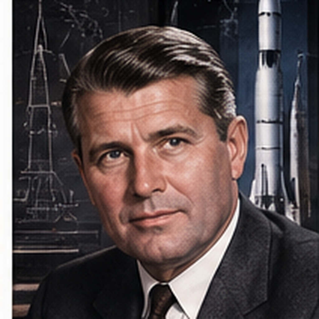 Educational historical representation of Wernher von Braun with Saturn V, rocket engineering, and launch references.
