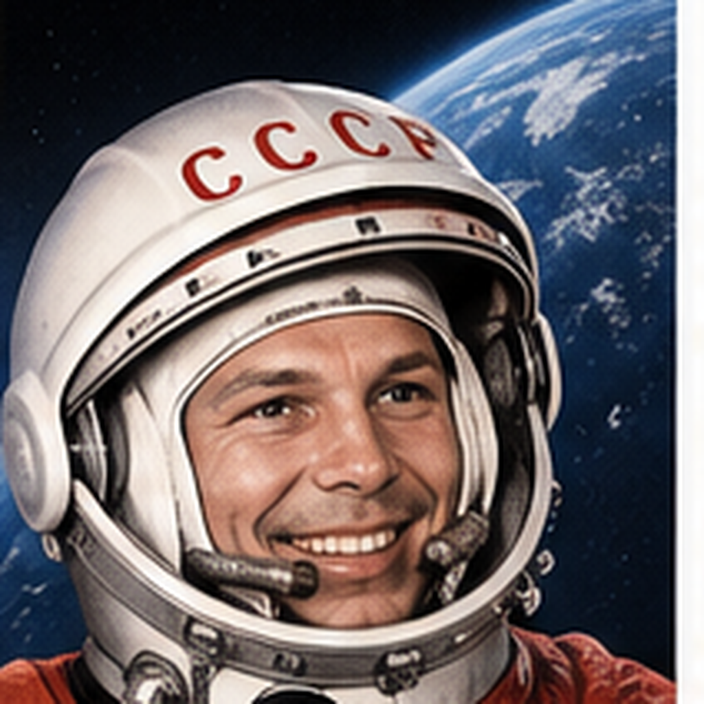 Educational historical representation of Yuri Gagarin with Vostok spacecraft and Earth orbit references.
